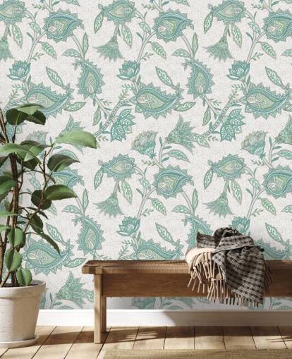 teal anpassat mönster tapetväggmålning som heter Pale Teal Floral Paisley av Bloomery Decor