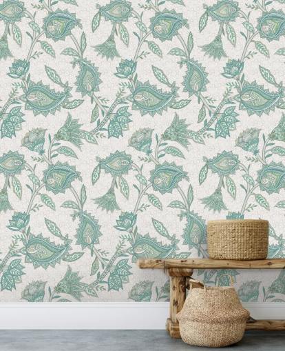 teal custom pattern wallpaper mural called Pale Teal Floral Paisley by Bloomery Decor
