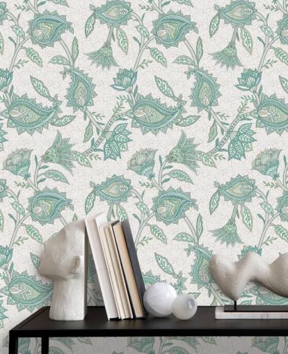 teal custom pattern wallpaper mural called Pale Teal Floral Paisley by Bloomery Decor
