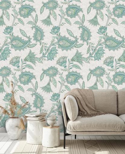 papier peint mural à motif personnalisé bleu sarcelle appelé Pale Teal Floral Paisley par Bloomery Decor