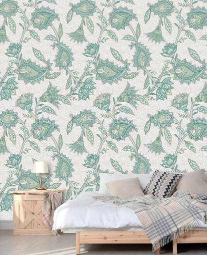 blågrønn tilpasset mønster tapetmaleri kalt Pale Teal Floral Paisley av Bloomery Decor