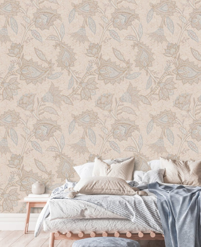 beige custom boho wallpaper mural called Soft Beige Floral Paisley by Bloomery Decor