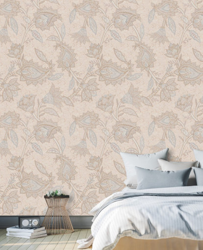 mural de papel de parede boho personalizado bege chamado Soft Beige Floral Paisley da Bloomery Decor