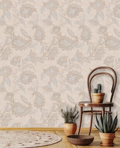 papier peint mural boho personnalisé beige appelé Soft Beige Floral Paisley par Bloomery Decor