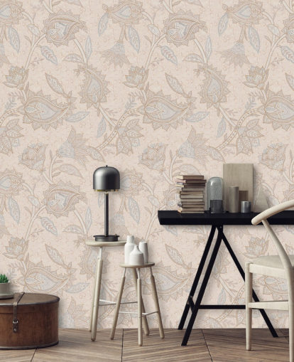 beige brugerdefineret boho tapetmaleri kaldet Soft Beige Floral Paisley af Bloomery Decor