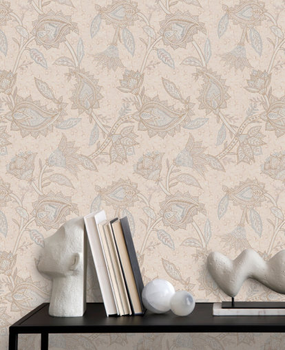 papier peint mural boho personnalisé beige appelé Soft Beige Floral Paisley par Bloomery Decor