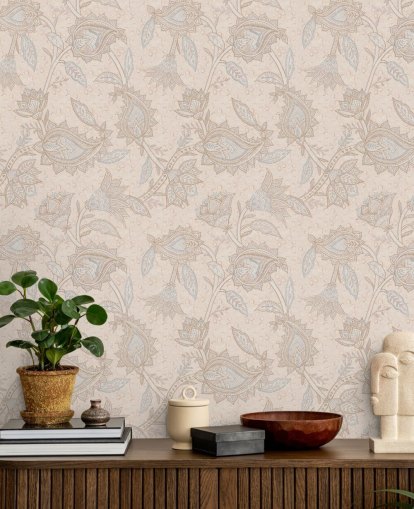 beige anpassad boho tapetväggmålning som heter Soft Beige Floral Paisley av Bloomery Decor beige anpassad boho tapetväggmålning som heter Soft Beige Floral Paisley av Bloomery Decor