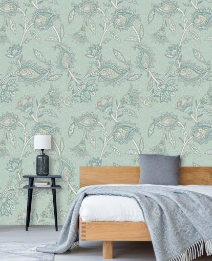 teal custom paisley wall mural called Teal Boho Floral Paisley by Bloomery Decor