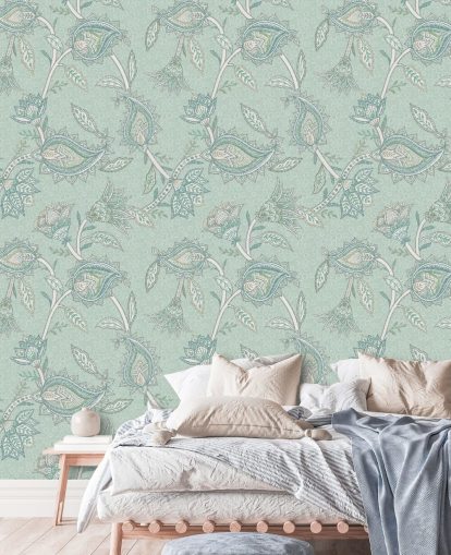 teal custom paisley wallpaper mural called Teal Boho Floral Paisley by Bloomery Decor