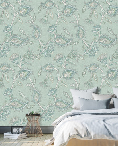 teal custom paisley wall mural called Teal Boho Floral Paisley by Bloomery Decor