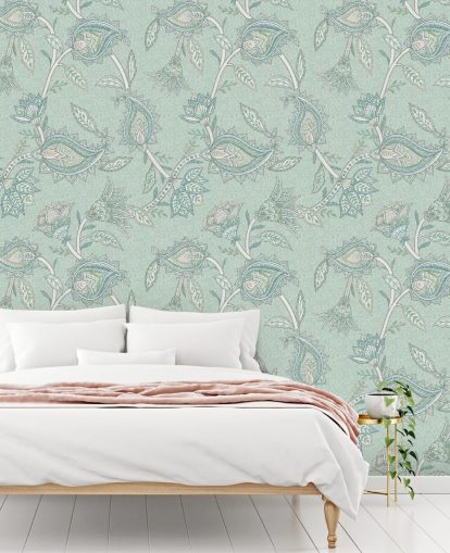 mural de pared personalizado de cachemir verde azulado llamado Teal Boho Floral Paisley de Bloomery Decor