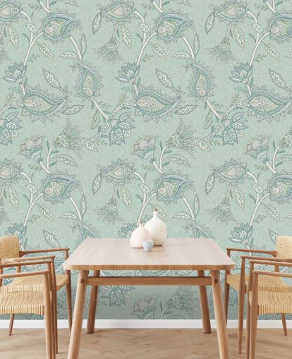 peinture murale personnalisée en cachemire bleu sarcelle appelée Teal Boho Floral Paisley par Bloomery Decor