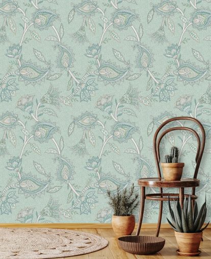 teal custom paisley wallpaper mural called Teal Boho Floral Paisley by Bloomery Decor