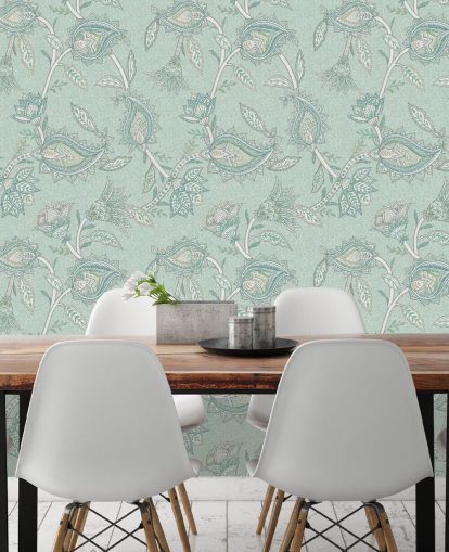 mural de parede estampado personalizado em azul-petróleo chamado Teal Boho Floral Paisley da Bloomery Decor