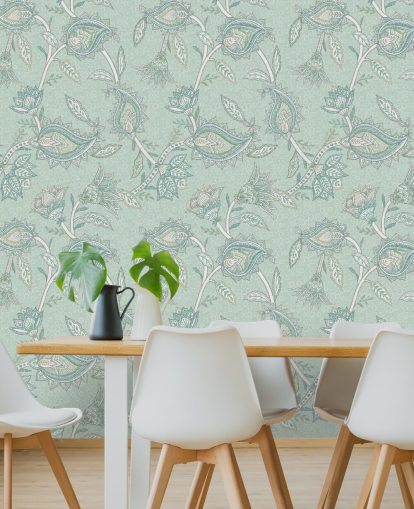 teal custom paisley wallpaper mural called Teal Boho Floral Paisley by Bloomery Decor