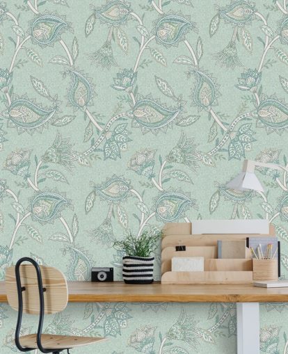 teal custom paisley wallpaper mural called Teal Boho Floral Paisley by Bloomery Decor