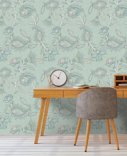 blauwgroen paisley muurschildering op maat genaamd Teal Boho Floral Paisley van Bloomery Decor blauwgroen paisley muurschildering op maat genaamd Teal Boho Floral Paisley van Bloomery Decor