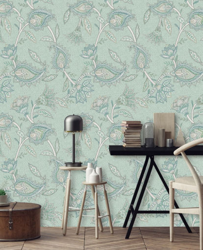 teal custom paisley wallpaper mural called Teal Boho Floral Paisley by Bloomery Decor