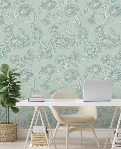 teal custom paisley wallpaper mural called Teal Boho Floral Paisley by Bloomery Decor