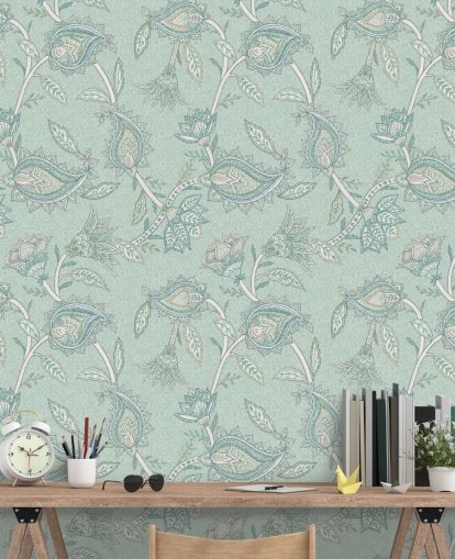 teal custom paisley wallpaper mural called Teal Boho Floral Paisley by Bloomery Decor