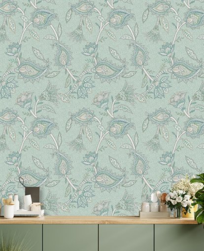 teal custom paisley wallpaper mural called Teal Boho Floral Paisley by Bloomery Decor