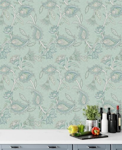 mural de parede estampado personalizado em azul-petróleo chamado Teal Boho Floral Paisley da Bloomery Decor mural de parede estampado personalizado em azul-petróleo chamado Teal Boho Floral Paisley da Bloomery Decor
