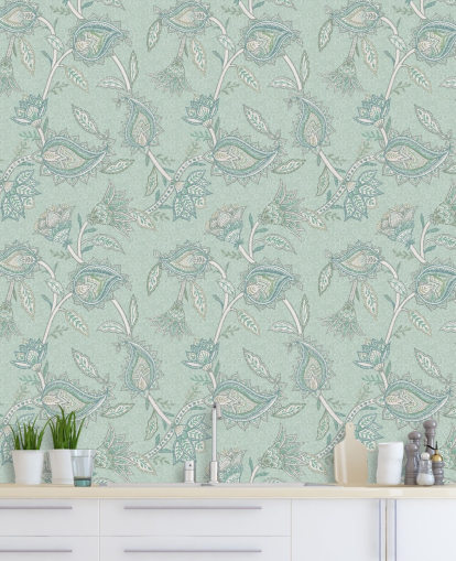 teal custom paisley wallpaper mural called Teal Boho Floral Paisley by Bloomery Decor