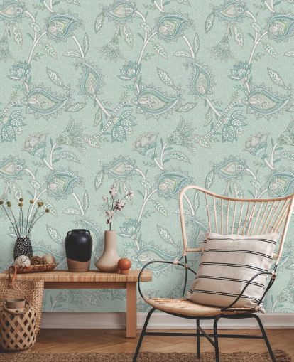 teal custom paisley wallpaper mural called Teal Boho Floral Paisley by Bloomery Decor