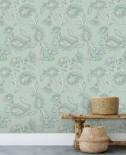 mural de parede estampado personalizado em azul-petróleo chamado Teal Boho Floral Paisley da Bloomery Decor mural de parede estampado personalizado em azul-petróleo chamado Teal Boho Floral Paisley da Bloomery Decor