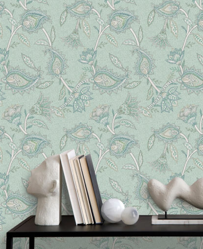mural de pared personalizado de cachemir verde azulado llamado Teal Boho Floral Paisley de Bloomery Decor mural de pared personalizado de cachemir verde azulado llamado Teal Boho Floral Paisley de Bloomery Decor