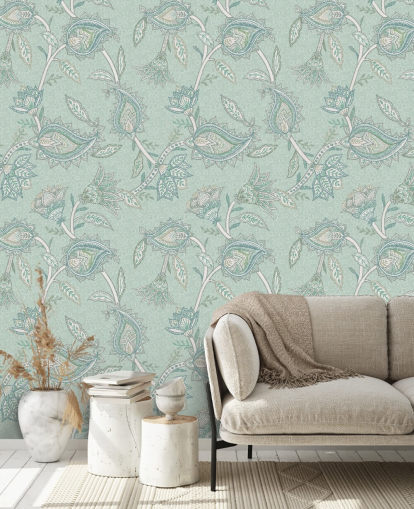 teal custom paisley wall mural called Teal Boho Floral Paisley by Bloomery Decor
