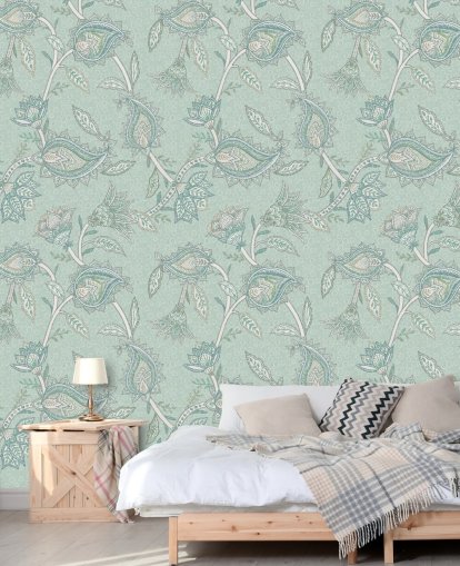 peinture murale personnalisée en cachemire bleu sarcelle appelée Teal Boho Floral Paisley par Bloomery Decor