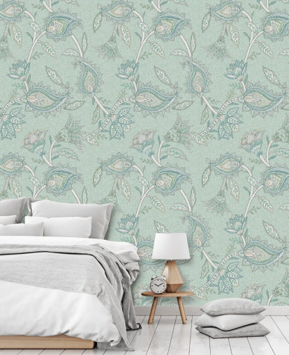 teal anpassad paisley väggmålning kallad Teal Boho Floral Paisley av Bloomery Decor