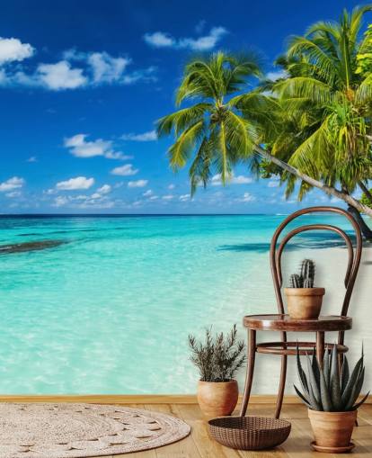 Papel pintado Palmera sobre playa tropical con arena blanca