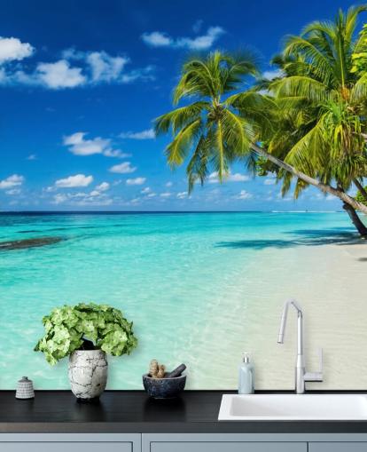 Palmboom op wit geschuurd tropisch strandbehang Palmboom op wit geschuurd tropisch strandbehang