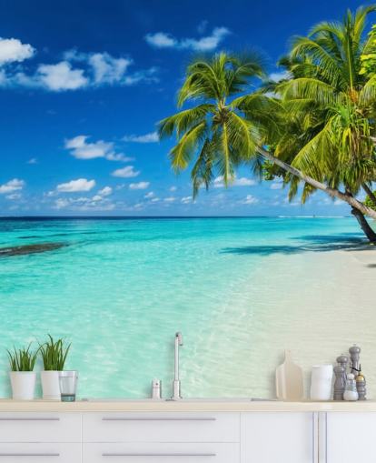 Papel pintado Palmera sobre playa tropical con arena blanca