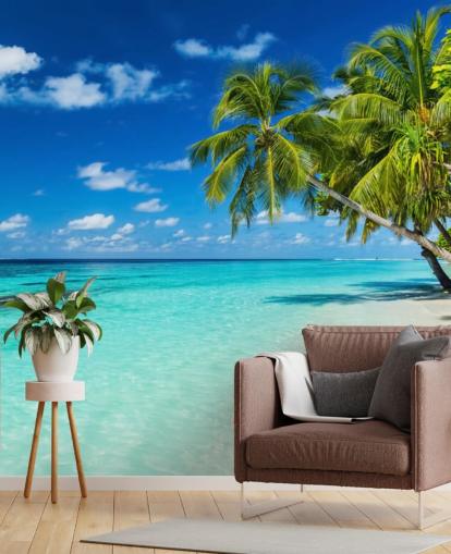 Papel pintado Palmera sobre playa tropical con arena blanca