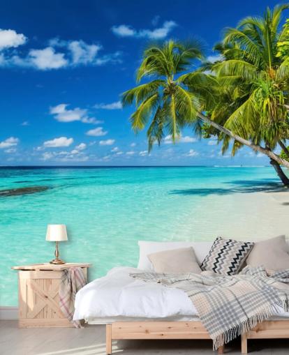 Palmboom op wit geschuurd tropisch strandbehang Palmboom op wit geschuurd tropisch strandbehang