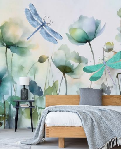 blaues personalisierbares Libellentapeten-Wandbild namens Blue Wildflower Meadow von Andrea Haase