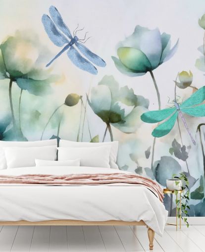 carta da parati murale personalizzabile blu con libellula chiamata Blue Wildflower Meadow di Andrea Haase