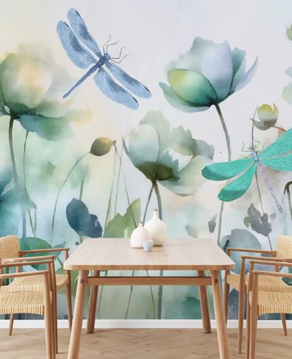 blå anpassningsbar trollslända tapetväggmålning kallad Blue Wildflower Meadow av Andrea Haase blå anpassningsbar trollslända tapetväggmålning kallad Blue Wildflower Meadow av Andrea Haase