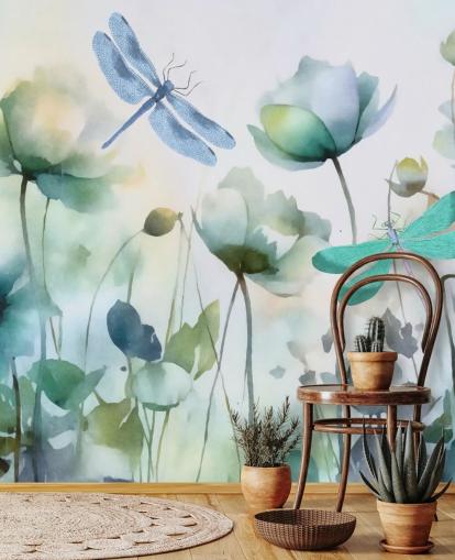 blue customisable dragonfly wallpaper mural called Blue Wildflower Meadow by Andrea Haase