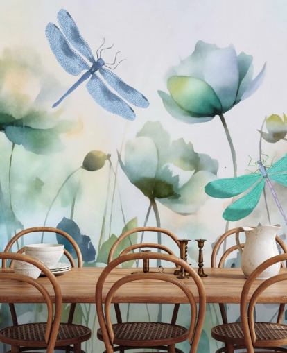 mural de papel pintado azul personalizable de libélulas llamado Blue Wildflower Meadow de Andrea Haase