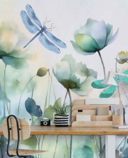 carta da parati murale personalizzabile blu con libellula chiamata Blue Wildflower Meadow di Andrea Haase