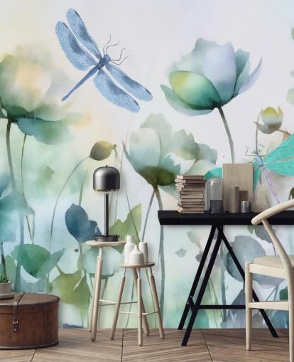papier peint mural bleu personnalisable en forme de libellule appelé Blue Wildflower Meadow par Andrea Haase