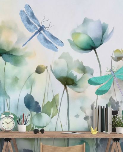 blå anpassningsbar trollslända tapetväggmålning kallad Blue Wildflower Meadow av Andrea Haase