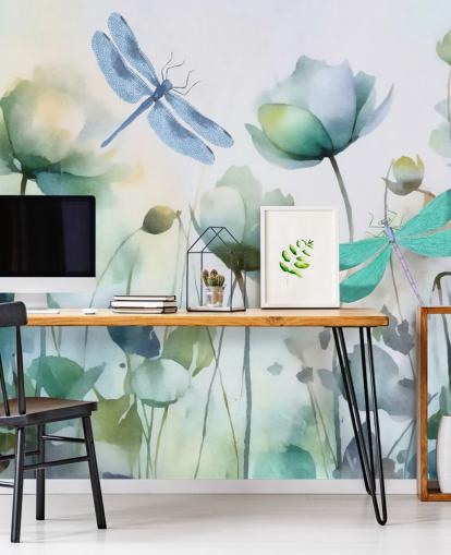 blue customizable dragonfly wallpaper mural called Blue Wildflower Meadow by Andrea Haase