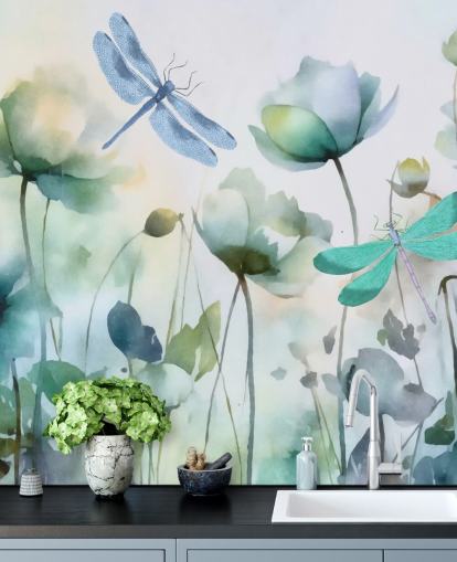 blue customizable dragonfly wallpaper mural called Blue Wildflower Meadow by Andrea Haase