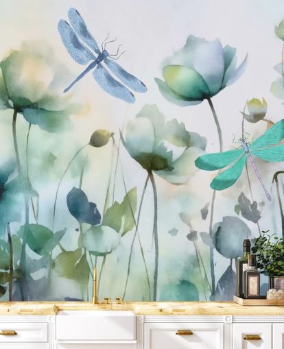 blaues personalisierbares Libellentapeten-Wandbild namens Blue Wildflower Meadow von Andrea Haase