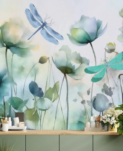 mural de papel de parede de libélula personalizável azul chamado Blue Wildflower Meadow de Andrea Haase